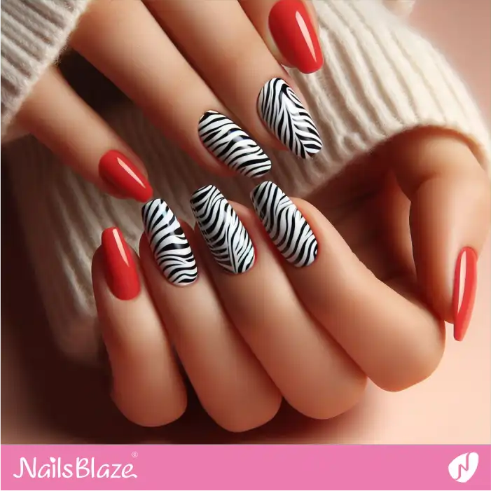 Red Nails with Black and White Zebra Print | Animal Print Nails - NB2487